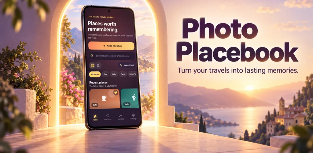 Photo Placebook promotional banner showing a phone beside a sunlit travel scene
